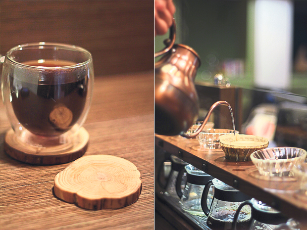 Small details, such as this wooden ring coaster, are appreciated by Aura Coffee’s clientèle (left). Brewing filter coffee is treated as an art-form at Caffè Italiano Cavaralli (right)