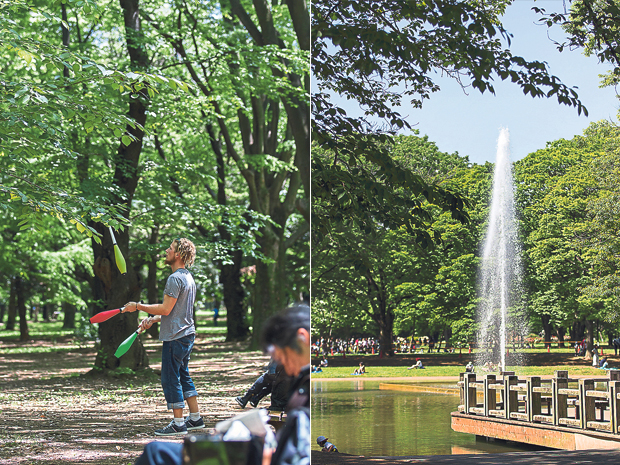 Don’t be surprised to run into a juggler or two here (left). The water fountain is an oasis of cool during summer in the park (right)