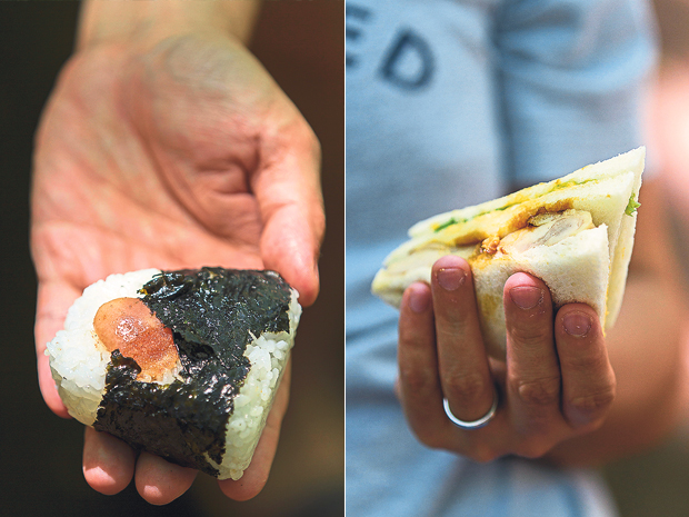 An umeboshi onigiri (rice balls with pickled plum) (left). Torikatsu sando (a deep-fried chicken cutlet sandwich) (right)