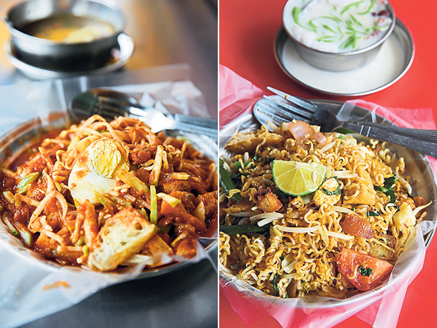 The rojak features a milder tasting sauce but it comes with lots of vegetables, fritters and a hard boiled egg (left). The perfect pair: Delicious Maggi mee goreng and cool cendol kacang (right).