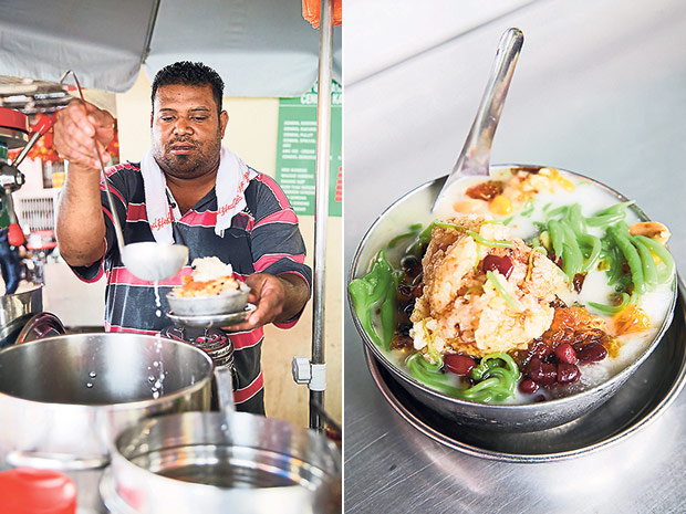 Syed Abu Thahir is in charge of making the cool cendol and ABC (left). Ask for the cendol special with everything in it (right).