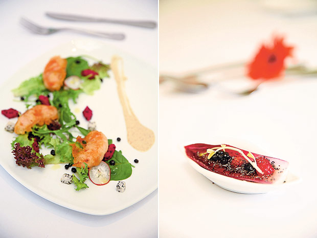 Baby arugula and rocket leaves are topped with fried mandarin orange segments, dehydrated blueberries and sesame seed dressing (left). Simple but refreshing, the endive leaves topped with berries and dressed with raspberry vinaigrette and chia seeds (right).