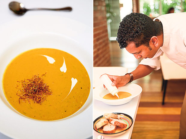 Barat’s roasted pumpkin soup is infused with ginger and made with love (left). Barat’s executive chef Lingesh Dimitrus Joseph adds the finishing touches to the soup (right).