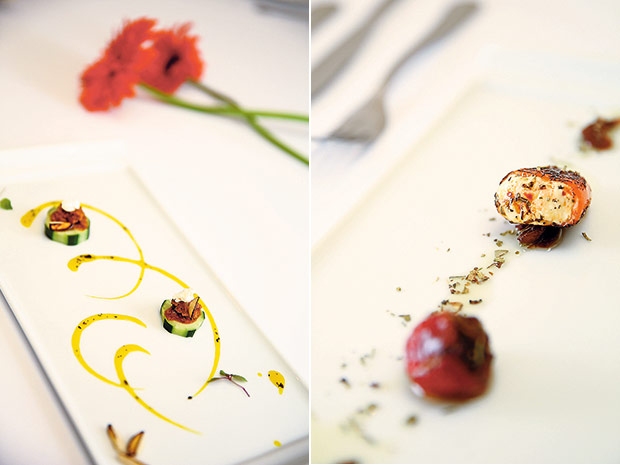 Cucumber topped with three kinds of pesto, made with basil, sundried tomato and capsicum (left). Enjoy plates of tapas like these grilled sweet peppers with cheese stuffing (right).