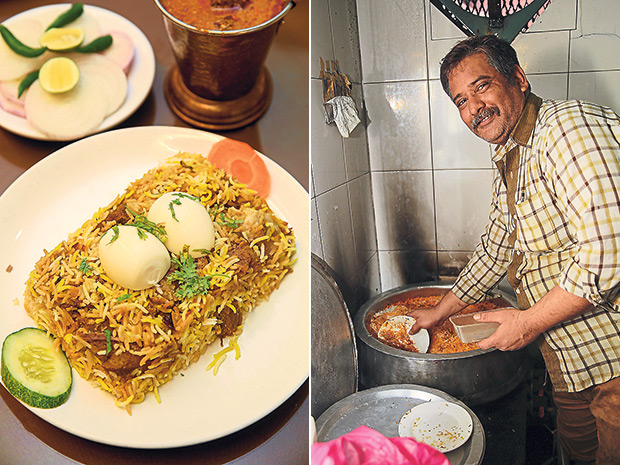 The Hyderabadi Special Mutton biryani is served with hard boiled eggs at Hyderabad Recipes (left). The chefs at Hyderabad Recipes come from Hyderabad and New Delhi (right).