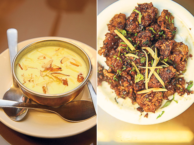 A sweet ending to a meal here with badam kaddu kheer at Hyderabad Recipes (left). Hyderabad Recipes serves gobi Manchurian that is made from cauliflower that is deep fried with a batter and tossed in a sweet spicy sauce (right).