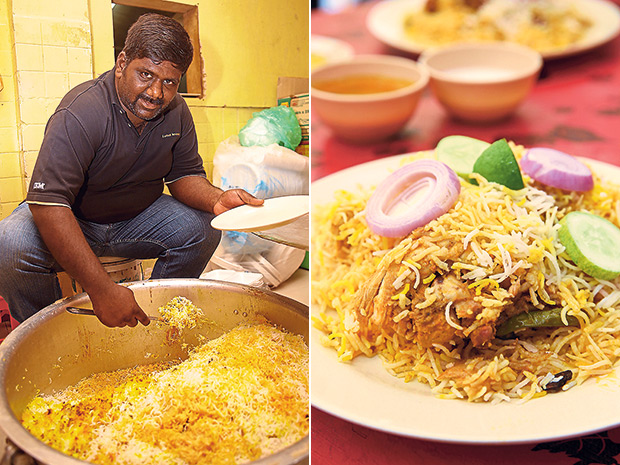 Krishna Chatanya from A P Bhavan ladles up their biryani (left). A P Bhavan’s chicken biryani with green chillies is their most popular item (right).