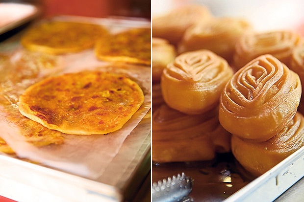 A P Bhavan’s addictive poli is a sweet tasting chapati with chana dhal and jaggery (left). Sweets like the pretty kaji is available every day at A P Bhavan (right).