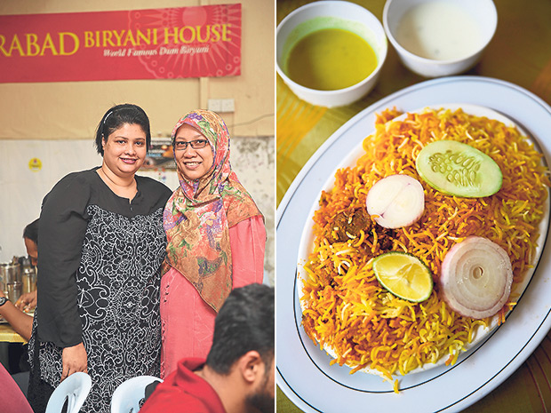 Hyderabad Biryani House is run by Saira Banu (left) and her sister-in-law Fauziah Mat Nasir (right) (left). The biryani is accompanied with a peanut curry and raita at Hyderabad Biryani House (right).