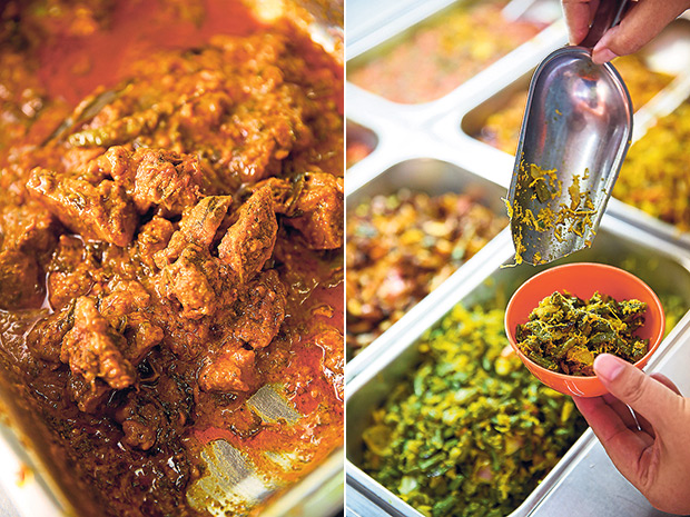A crowd favourite at Hyderabad Biryani House is their gongura mutton (left). You can select dishes from the counter to be paired with your plain biryani at Hyderabad Biryani House (right).