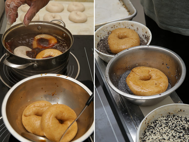 The raw bagel dough is boiled briefly before baking (left). After boiling, the bagel dough is coated with a variety of seeds and then baked (right).