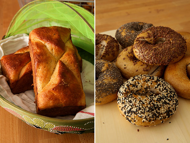Loaves of golden brown brioche will tempt you (left). The bagels are best enjoyed fresh out of the oven (right).