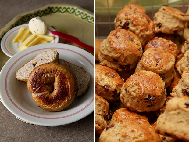 Toast the bagels and slap on some butter or cream cheese for a wholesome breakfast (left). Try their cranberry raisin scones (right).