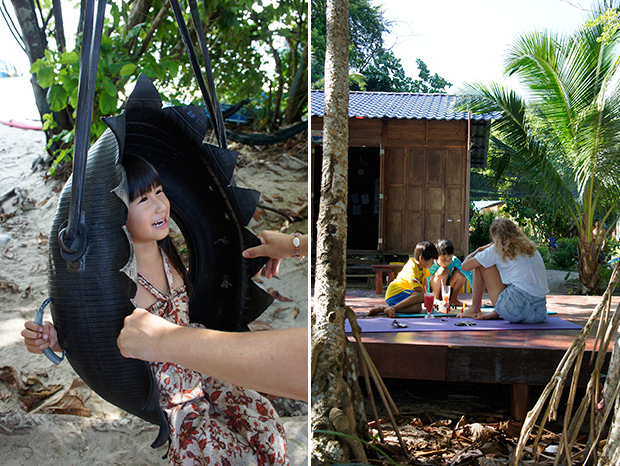 Kai Ann getting her turn on the tyre swing (left). Pei See’s children are home-schooled on the island by a private tutor (right).