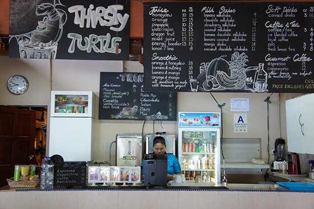 The resort’s only restaurant, Thirsty Turtle, serves a variety of drinks including milk kefir smoothies.