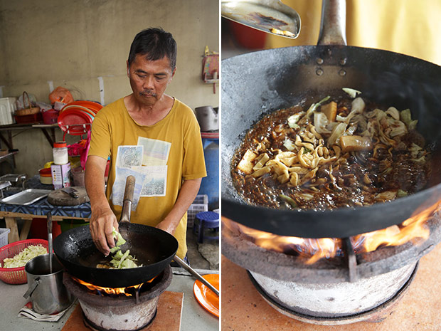 Chai Kok Wah continues his mother’s legacy with the fried pan mee (left). The noodles are lightly cooked in a broth with fish cake and cabbage (right).