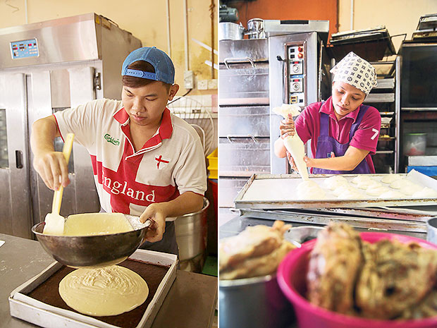 The bakery is busy throughout the day as cakes are baked in batches (left). Eunice Mah pipes out the meringues for the bakery (right).