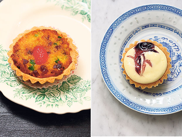 Coconut tarts are mixed with chopped maraschino cherries for a sweeter taste (left). Nibble on blueberry cheese tarts for teatime (right).