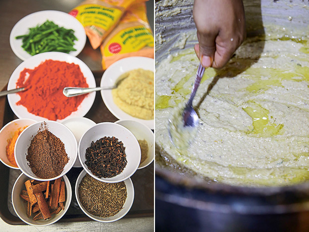 Ingredients for haleem include various spices, wheat, chillies, chilli powder, turmeric powder and ginger garlic paste (left). Ghee is added to haleem just before serving (right).