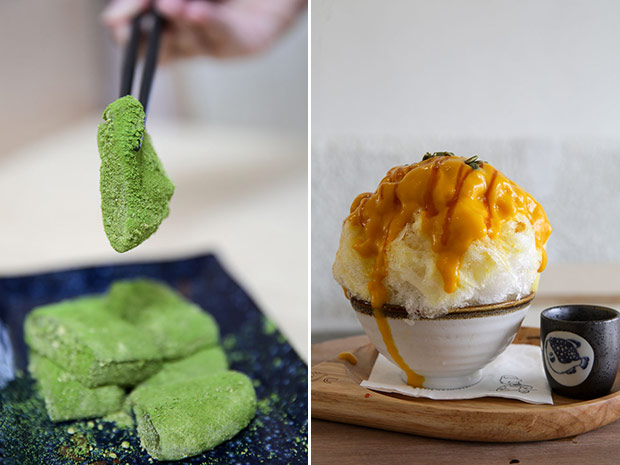 Kakigōri also make their own jelly-like warabi mochi every day (left). The Behs have recreated one of their favourite kakigōri they tried in Japan with this Pumpkin version drizzled with burnt caramel sauce (right).