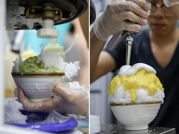 Unlike your usual ais kacang or Korean bingsu, the shaved ice for the kakigōri resembles fluffy snow flakes (left). Adding the espuma for a creamy touch to the Apam Balik kakigōri (right).
