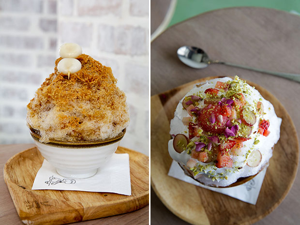 Go for the unusual Shoyu kakigōri drizzled with soy sauce and topped with toasted kinako powder and chewy dango mochi (left). For a light floral taste, try the Watermelon kakigōri crowned with rose espuma, red fruits and chopped pistachios (right).