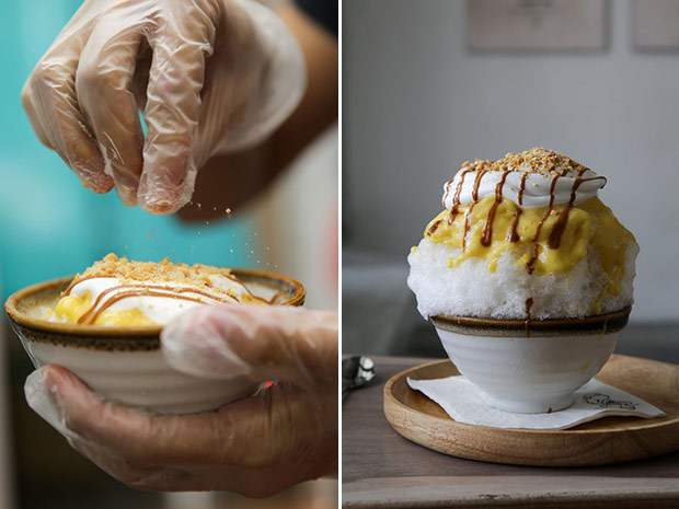 Each kakigōri takes time to make as it’s got three layers of shaved ice with toppings to ensure the taste is evenly distributed (left). Inspired by the local snack, the Apam Balik kakigōri is delicious with in-house made corn puree, coconut espuma and toasted praline (right).