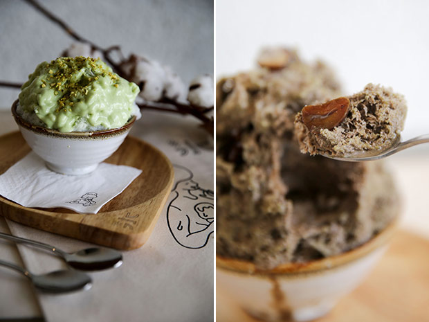 You won’t be able to stop eating the delicious Avocado kakigōri drizzled with milk and topped with chopped pistachios (left). The Hojicha kakigōri resembles an icy cold roasted green tea latte studded with candied chestnuts (right).