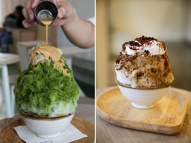 Drizzle kinako milk over your Uji Matcha kakigōri that is topped with warabi kochi (left). The Tiramisu kakigōri is topped with coffee espuma, chocolate pearls and cocoa powder (right).