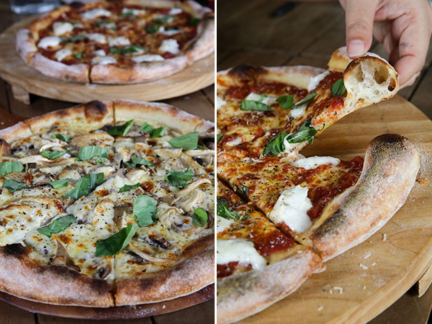The Al Funghi pizza uses three different types of mushrooms for a sweeter taste (left). See how puffy and crispy is the crust for the sourdough pizza (right).