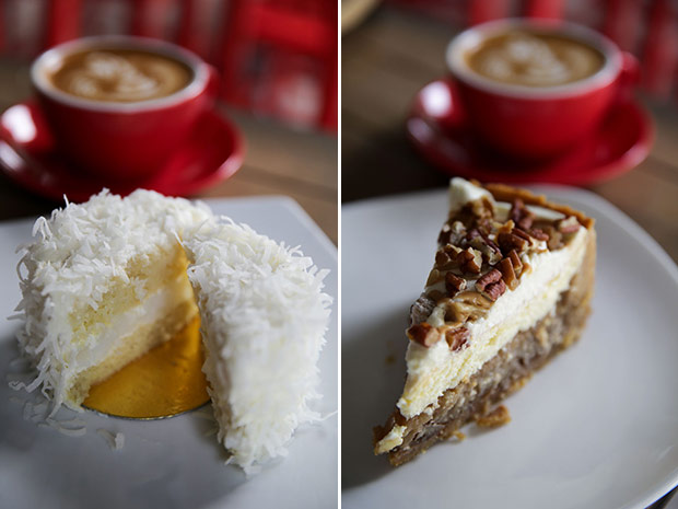 Sip on coffee and enjoy their refreshing coconut pudding topped with Hawaiian coconut flakes (left). Go for the salted caramel apple cheesecake for a satisfying treat (right).