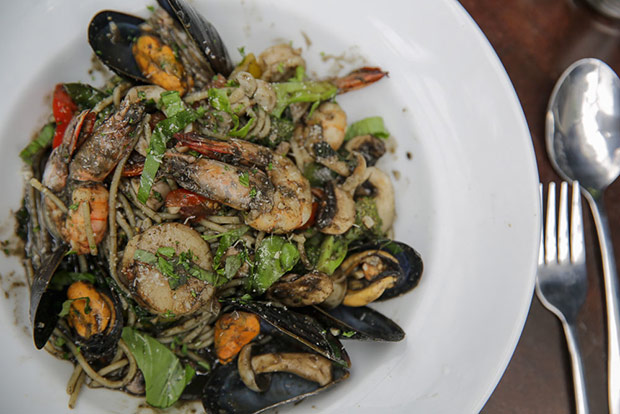 You get a variety of pastas on the menu like this seafood pasta with squid ink sauce.