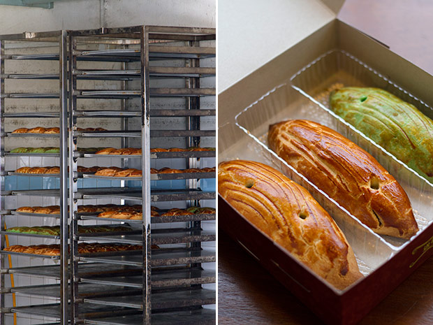 Trays of baked Shanghainese mooncakes being cooled (left). Yuen Fatt Biskut’s Shanghainese mooncakes are famed for their buttery crust and unusual shape (right).