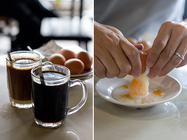 Old-school kopi made from coffee beans roasted in butter (left). There’s joy in breaking your own half-boiled eggs into the saucer (right).