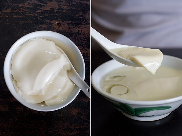 Classic tau foo fa with clear syrup (left). Tau foo fa in chilled tau jiong (soybean milk) (right).