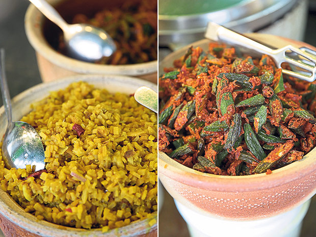 Look for this unusual stir fried banana stem (left). Pick these deep fried lady’s fingers (right).
