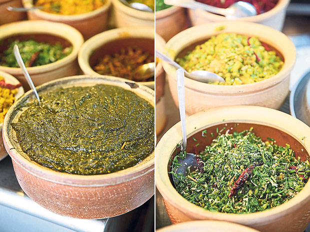 Take a dollop of this sour tasting red sorrel vegetable cooked with ginger, garlic and brinjal (left). A popular item is the spinach cooked with coconut and chillies (right).