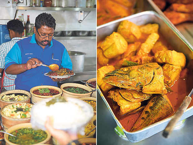 Most of their diners will spoon large portions of the vegetables over their plate of rice (left). The fish is kept separate from the curry for the pieces to be intact (right).