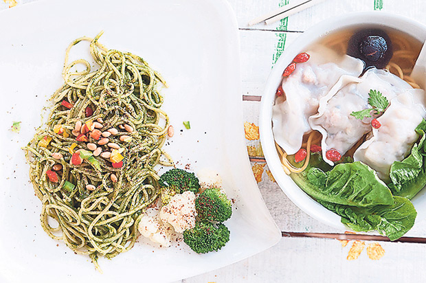 The Leaf spaghetti with pesto sauce (left) and homemade dumpling ramen soup (right).