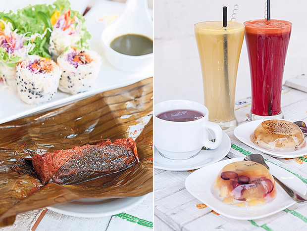 Vegetarian otak-otak and Vietnamese hand roll (top) from The Leaf Healthy House (left). Fresh fruit juices, tea and homemade fruit jelly at The Leaf (right).