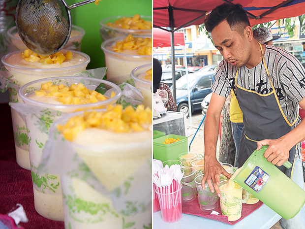 Diced mangoes are added to each portion of the mangga susu at the Pinggiran Batu Caves stall (left). One of the owners of the mangga susu stall at Pinggiran Batu Caves is Abdul Arif Ridzuan bin Abdul Hamid (right).