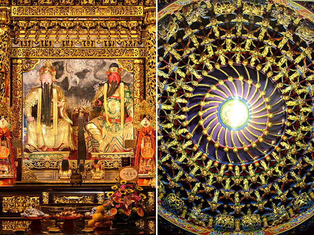 Deities on the temple altar with offerings by devotees beneath them (left). The golden ceiling of Wenwu Temple (right).