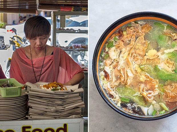 Stacks of takeaway curry rice being prepared by Mrs. Wee (left). A side order of bitter gourd soup at Kedai Kopi Lu San (right).