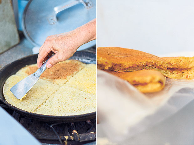 The min chiang kueh batter is poured on a hot, well-greased griddle (left). Spongy, chewy pieces min chiang kueh filled with nutty savoury-sweetness (right).