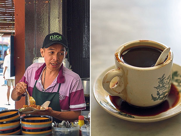 Mr. Wee dishes up a plate of Hainanese curry rice (left). Aromatic and full-bodied kopi O (right).