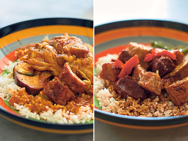 Hainanese curry rice with chicken curry, braised meat gravy, chun kuen (Chinese spring rolls) and half a stewed hard-boiled egg (left). Kedai Kopi Lu San’s braised pork belly rice (right).