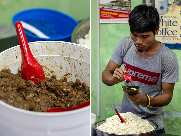 Nyonya chang stuffing, a balanced sweet-savoury blend of minced pork, candied winter melon, mushrooms and rempah (spices) (left). The worker first folds the bamboo leaves into a cone before spooning in some rice (right).