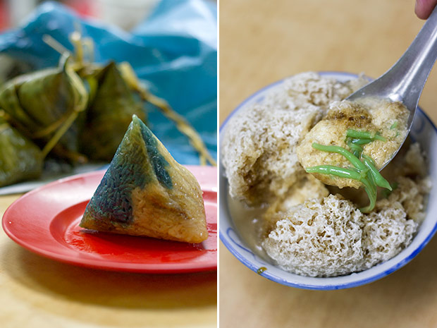 Freshly cooked Nyonya chang, with its alternating shades of blue and white/pale yellow (left). The cendol here is made with 100 per cent gula Melaka syrup and rivals the more popular ones along Jonker Street (right).