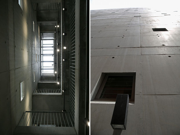 More natural light enters the building via a skylight (left). A shear wall made from off-form concrete forms the spine of the centre (right).