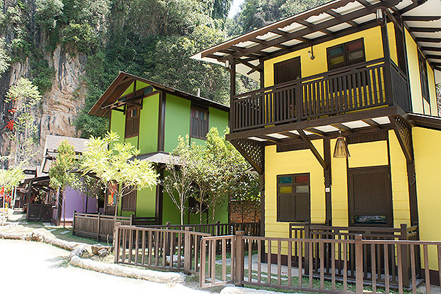 The chalets are built in traditional architecture styles and sport vibrant coats of paint.